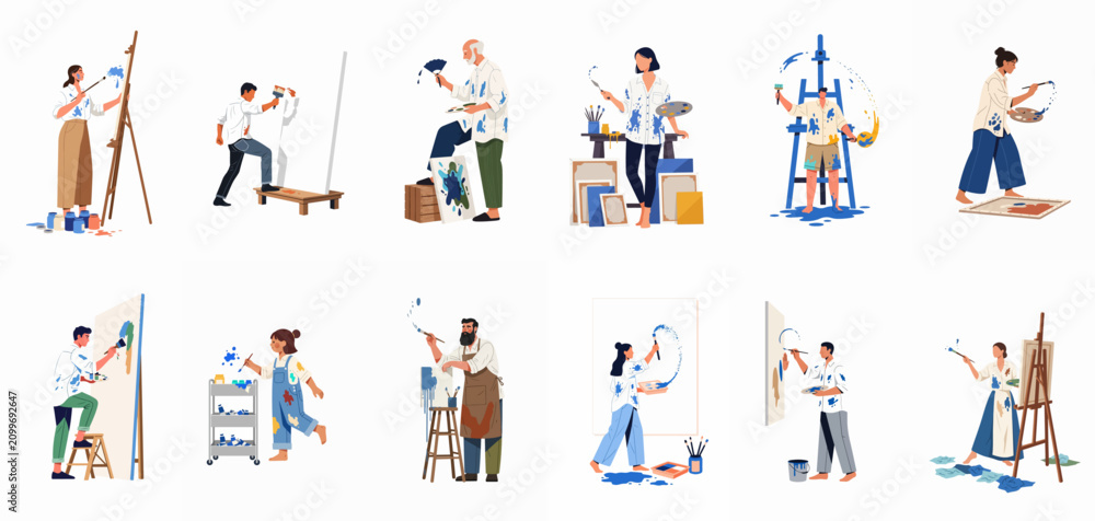 Fototapeta premium Collection of diverse male and female artists of different ages painting on large canvases, isolated flat vector illustration set on white background.