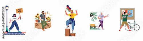 A series of illustrations showing diverse people engaged in peaceful activism, from holding signs to speaking out and distributing flyers for social change.