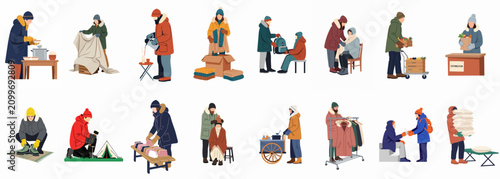 Fotografía Set of flat illustrations depicting volunteers providing humanitarian aid, food, and warm clothing to homeless and needy people during winter