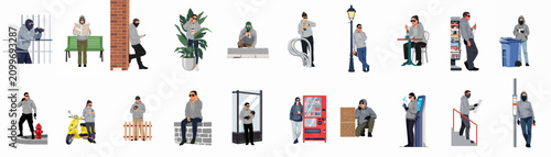 Принти на полотні A collection of flat vector illustrations showing suspicious people and secret agents in grey hoodies performing surveillance, spying, and lurking in urban environments