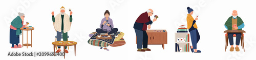 Bild auf Leinwand Illustration set of elderly and young people playing card games indoors, wearing cozy winter clothes and enjoying leisure time at home