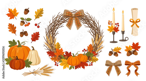 A vibrant autumnal arrangement featuring a wreath with pumpkins, leaves, and ribbons, surrounded by scattered acorns, wheat, and candles on a neutral background.