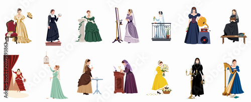 Canvas Print Collection of stylized Victorian women illustrations featuring historical fashion, gowns, and various scenes like music, writing, and mourning in vector art style