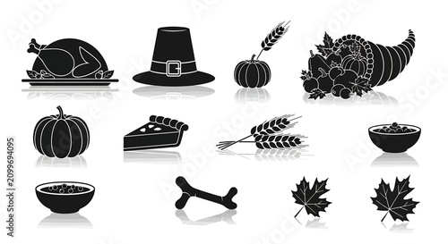 Black Thanksgiving icons including turkey, hat, cornucopia, pumpkin, and fall leaves on white