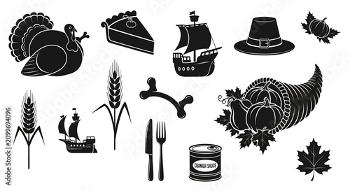 A traditional Thanksgiving arrangement with roasted turkey, cake, and utensils on a table with autumn leaves and wheat.