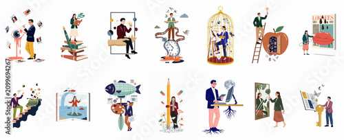 Cuadro en lienzo Set of twelve surreal flat vector illustrations depicting people in metaphorical scenarios representing creativity, education, technology, time management, and professional growth