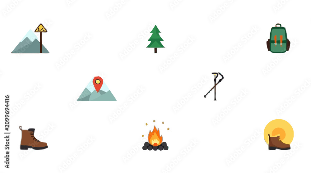 Naklejka premium Wilderness camping icon collection presenting pine tree, mountain location pin, sticks, and campfire