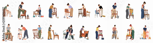A diverse collection of female characters engaged in restoring, repairing, and painting various wooden chairs, demonstrating DIY woodworking skills and furniture renovation.
