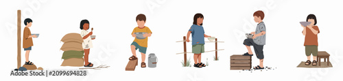 Foto Set of flat illustrations depicting hungry children with empty bowls, highlighting themes of poverty, food scarcity, and the need for global humanitarian aid