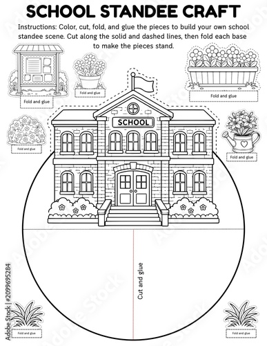 School Building Pop-Up Standee Craft for Kids | Printable Color Cut and Build 3D School Scene with Schoolhouse School Bus and Classroom Elements | DIY Back to School Paper Craft for Preschool Kinderga