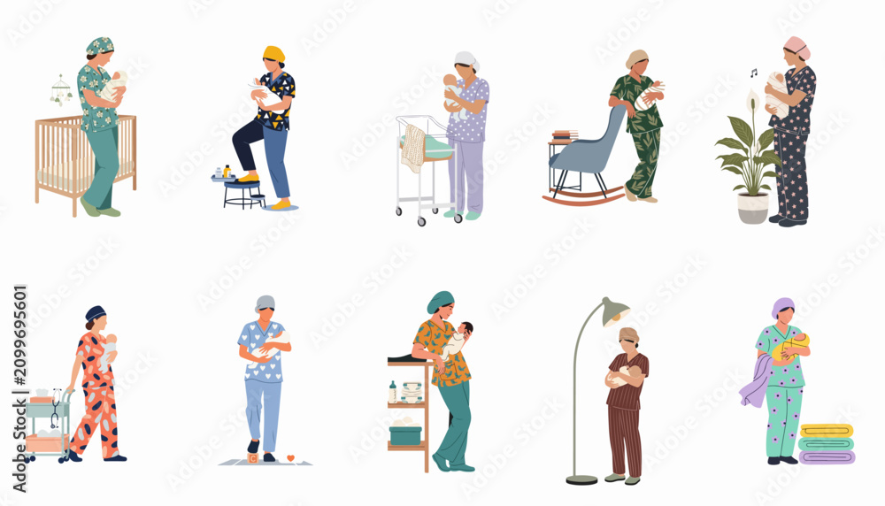 Fototapeta premium Set of healthcare workers and nurses in colorful patterned scrubs caring for newborn babies in various nursery and hospital settings.
