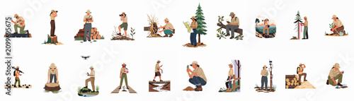 Konstfotografi Comprehensive collection of flat style illustrations depicting forest rangers and environmental conservationists engaged in various research, monitoring, and forestry management tasks