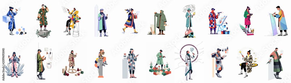 Fototapeta premium Collection of flat character illustrations showcasing people using virtual reality, augmented reality, and digital creative tools in a futuristic and artistic style.