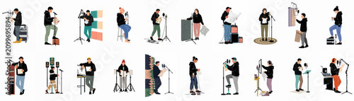 Tableau sur toile Collection of flat vector illustrations of people recording audio, podcasting, and working in a professional sound studio with microphones and equipment