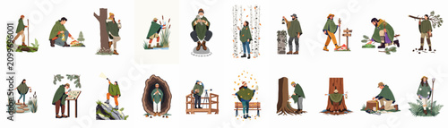 Canvastavla Collection of flat vector illustrations depicting people in green cloaks explori