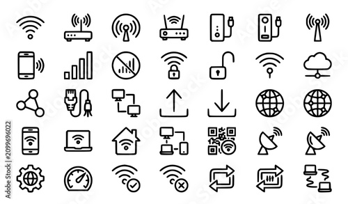 Cuadro en lienzo Wi Fi Internet Line Icon Set with WLAN Wireless Hotspot and Network Symbols