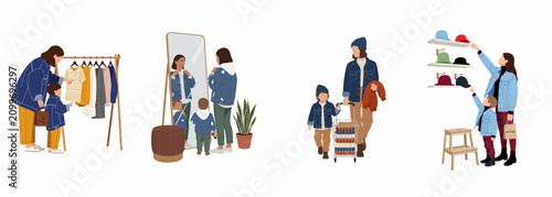 Set of flat illustrations showing a mother and son shopping for clothes, trying on outfits, and browsing in a clothing store.