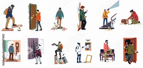 Foto Collection of illustrations depicting people exploring abandoned, old, and mysterious house interiors using flashlights and wearing warm winter apparel