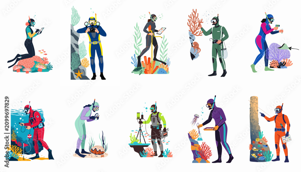 Fototapeta premium Set of diverse marine biologists and scuba divers conducting scientific research and data collection in underwater environments with coral reefs and marine life.