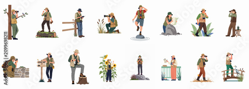 Foto Collection of flat vector illustrations depicting various people enjoying outdoor activities like birdwatching, photography, and nature exploration in different natural settings