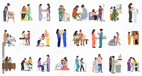 Vector illustration set depicting various scenes of mothers, midwives, and healthcare professionals providing postnatal care and medical support for newborn babies.