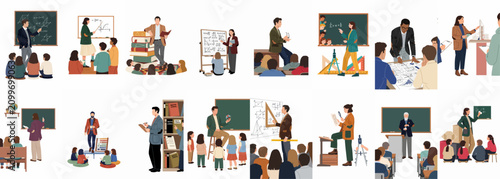 Canvastavla A comprehensive collection of diverse educational illustrations showing teachers and students engaged in learning activities across various subjects in classroom and library settings