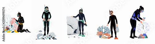 Foto A collection of flat illustrations showing marine biologists and scuba divers conducting coral reef research, environmental monitoring, and ocean conservation activities