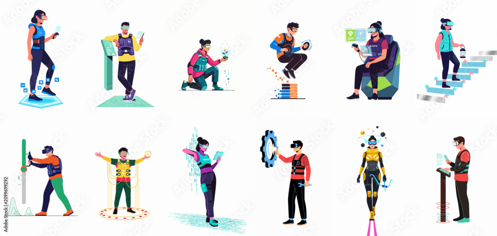 Fototapeta premium Collection of characters interacting with virtual and augmented reality technology through headsets, haptic vests, and digital interfaces in a modern flat illustration style.