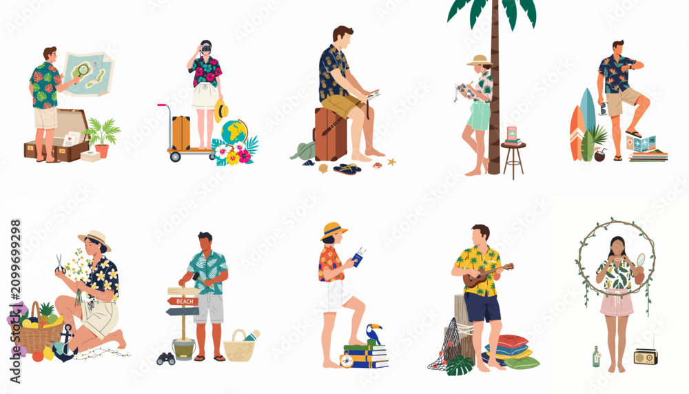 Fototapeta premium Collection of diverse people in tropical outfits enjoying various summer vacation activities and preparing for travel, flat vector illustration style.