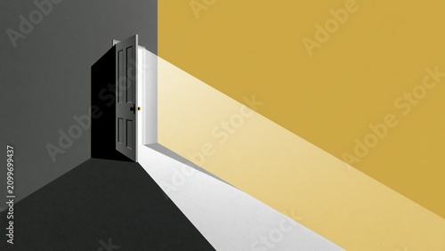 Open door letting bright angled beam of yellow light into dark gray room.