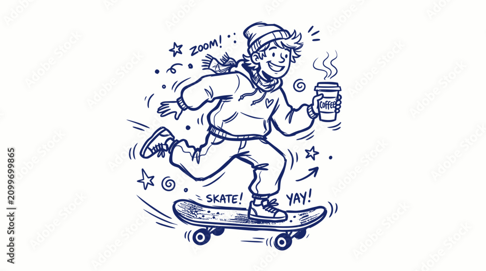 Obraz premium Young skater boy on skateboard with coffee doodle.