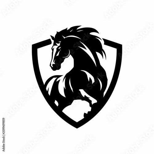 Horse mascot silhouette inside a shield emblem