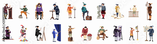 Cuadro en lienzo Collection of 18 Renaissance-style flat vector characters in various poses and roles, including king, knight, artist, jester, and scholar in historical costumes