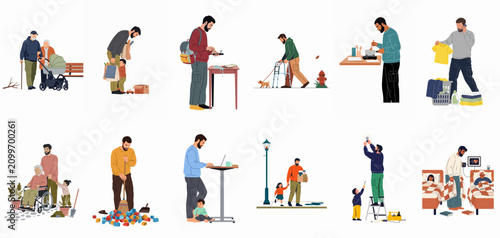Collection of illustrations showing a man multitasking with household chores, parenting, and caregiving responsibilities.