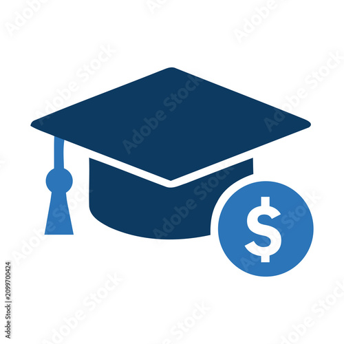 Education finance and student loan icon featuring graduation cap and dollar coin symbols. Professional editable vector icon for university tuition and academic scholarships.