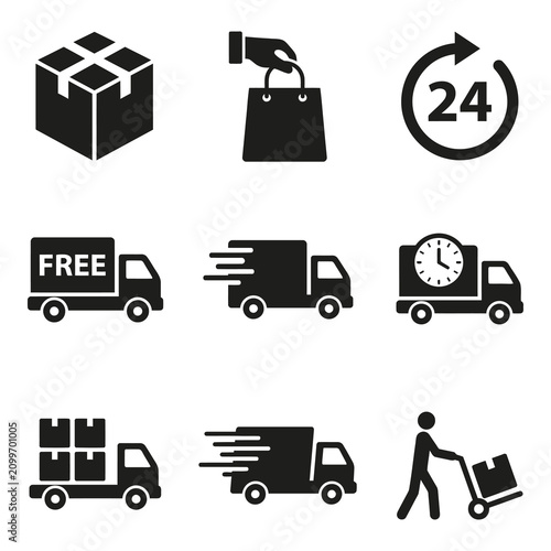 Fotografija Fast delivery icons with trucks boxes and packages moving quickly icon