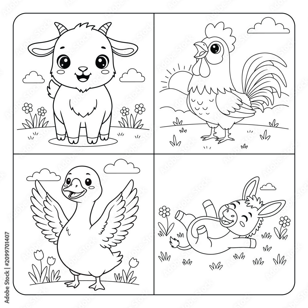 Obraz premium Cute Baby Farm Animals Coloring Page Vector Illustration 