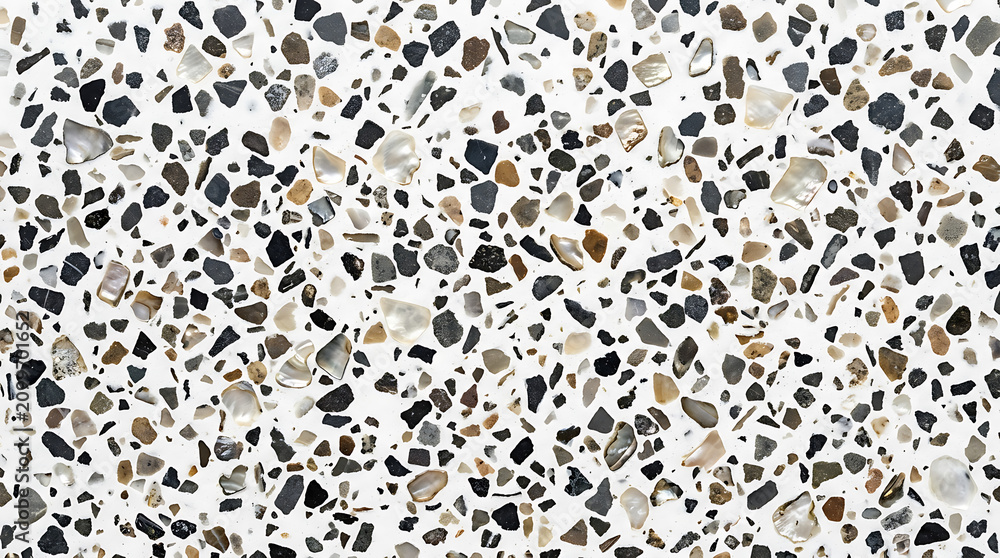 Fototapeta premium White terrazzo surface with dark gray brown and beige aggregate chips
