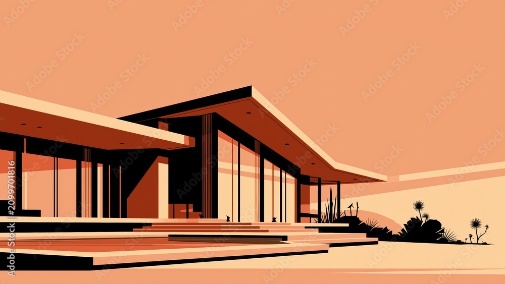 Fototapeta premium Modern angled house silhouette against deep orange sunset sky.