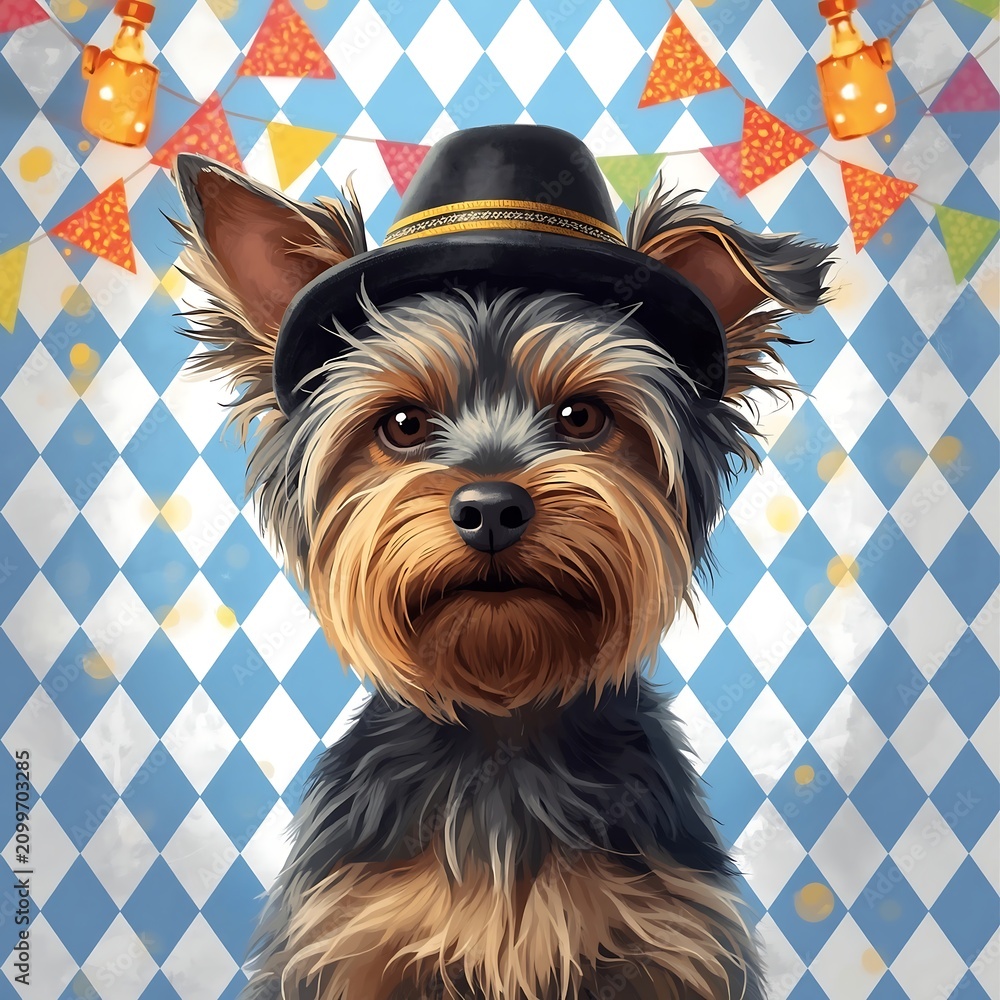 Fototapeta premium Yorkshire terrier puppy wearing a traditional bavarian hat