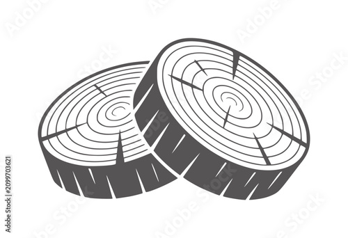Photos Two dark grey wood log cross sections with visible rings and bark texture