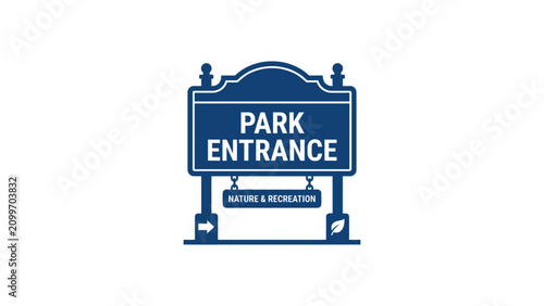 Blue Park Entrance Sign with Arrow and Nature Icon