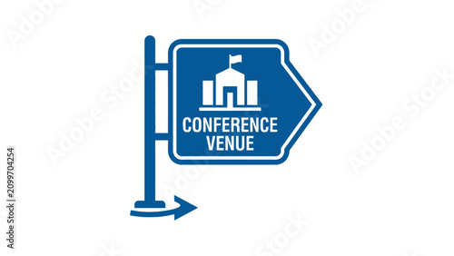 Conference Venue Signpost, Directional Arrow, Event Navigation, Building Icon