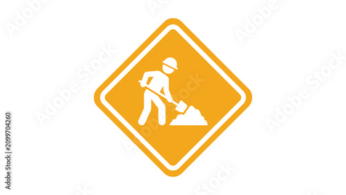 Construction Worker Icon. Man Digging with Shovel in Orange Warning Sign.