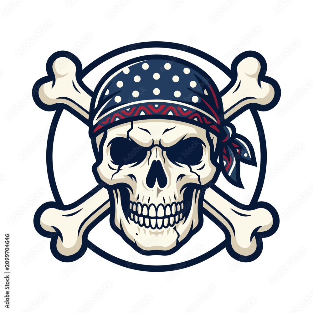 Fototapeta premium Pirate Skull Bandana Crossbones Circle Emblem Icon Vector Art