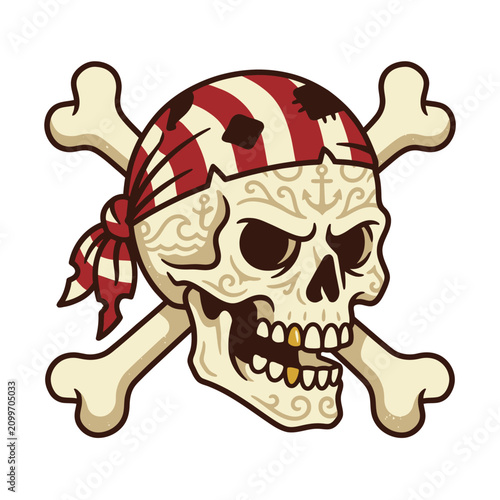 Pirate Skull Crossbones Bandana Tattoo Style Icon, Day of the Dead Inspired Design