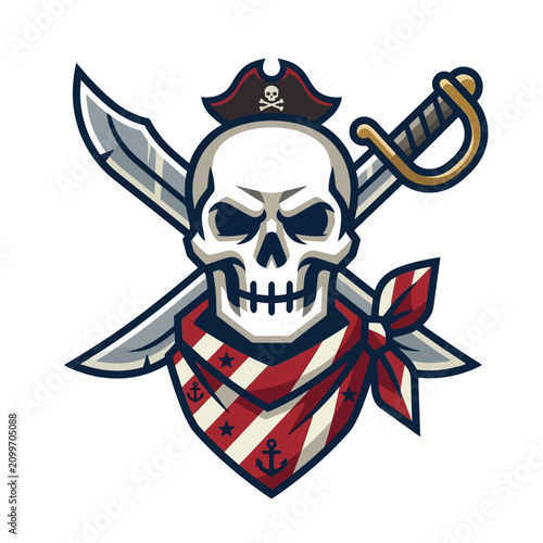Pirate Skull Emblem with Crossed Sabers and Bandana - Vector Icon