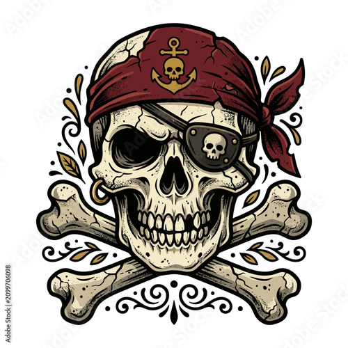 Pirate Skull with Bandana and Crossbones - Vector Graphic