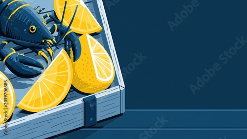 Blue lobster claws resting near fresh yellow lemon wedges.