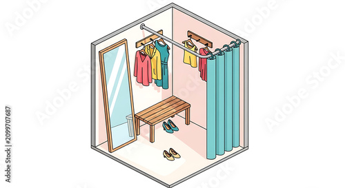 Isometric fitting room with clothes. Retail dressing cabin with mirror and bench.